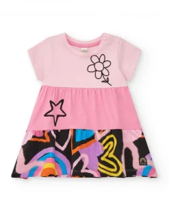 Robe rose pour fille avec étoiles et fleurs multicolores