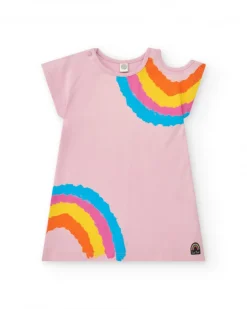Robe rose pour fille avec arc-en-ciel et boutons au col