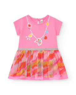 Robe rose pour fille avec jupe imprimée et bordure argentée