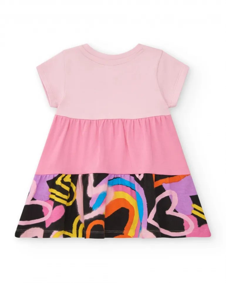 Robe rose pour fille avec étoiles et fleurs multicolores