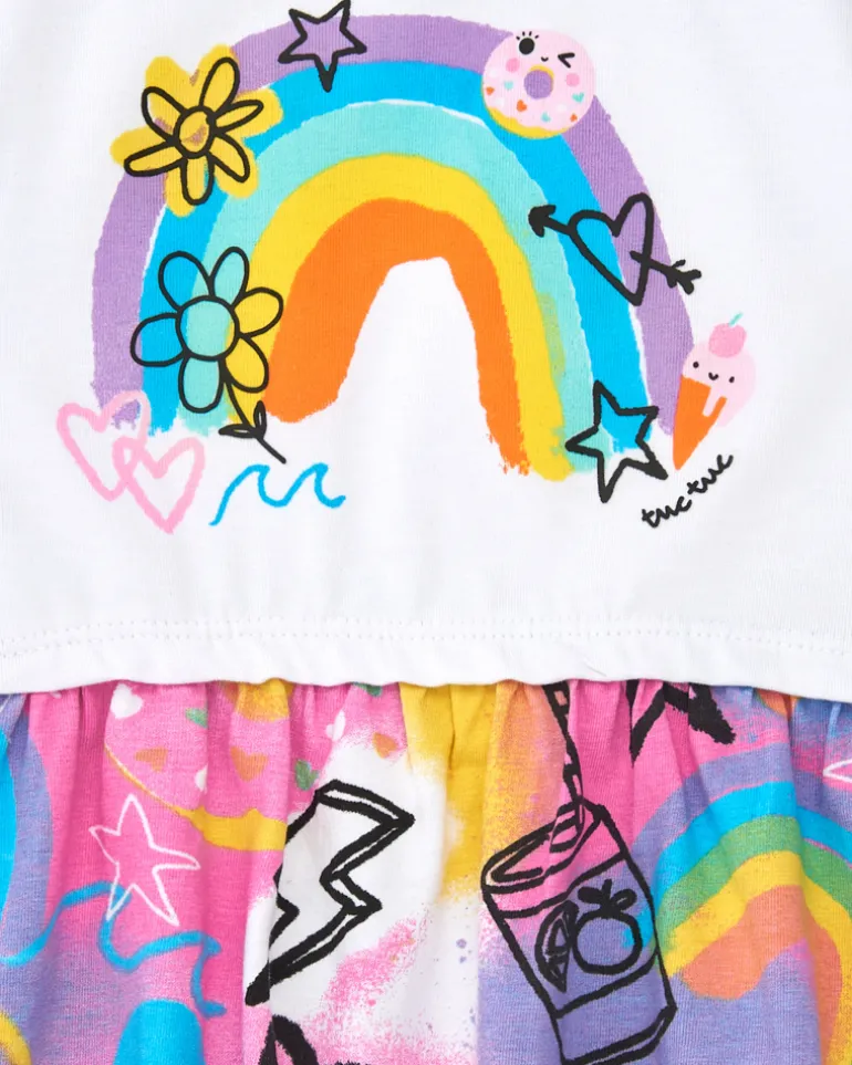 Robe rose pour fille avec arc-en-ciel et jupe fluide