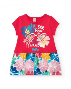 Robe rouge pour fille avec jupe fleurie et détails en sequins