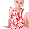 Robe rouge pour fille avec imprimé floral et bretelles froncées