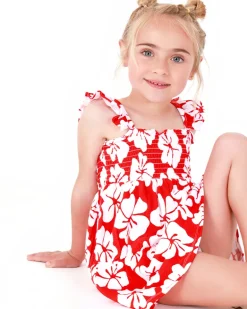 Robe rouge pour fille avec imprimé floral et bretelles froncées
