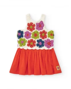 Robe rouge pour fille avec jupe en toile et haut en crochet floral