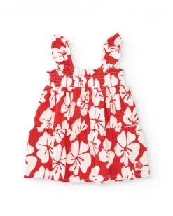 Robe rouge pour fille avec imprimé floral et bretelles froncées