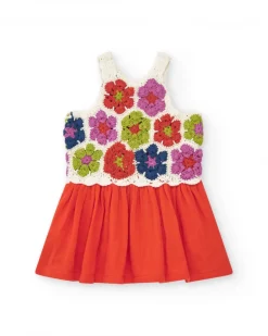 Robe rouge pour fille avec jupe en toile et haut en crochet floral