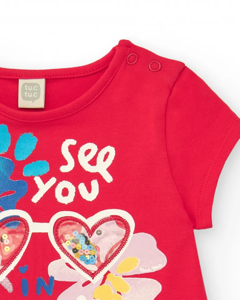 Robe rouge pour fille avec jupe fleurie et détails en sequins