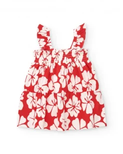 Robe rouge pour fille avec imprimé floral et bretelles froncées