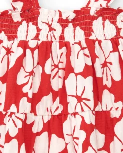 Robe rouge pour fille avec imprimé floral et bretelles froncées