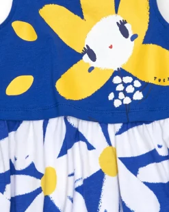 Robe sans manches bleue pour fille avec fleur et jupe de marguerites
