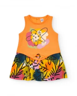 Robe sans manches pour fille avec haut orange et jupe imprimée