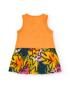 Robe sans manches pour fille avec haut orange et jupe imprimée