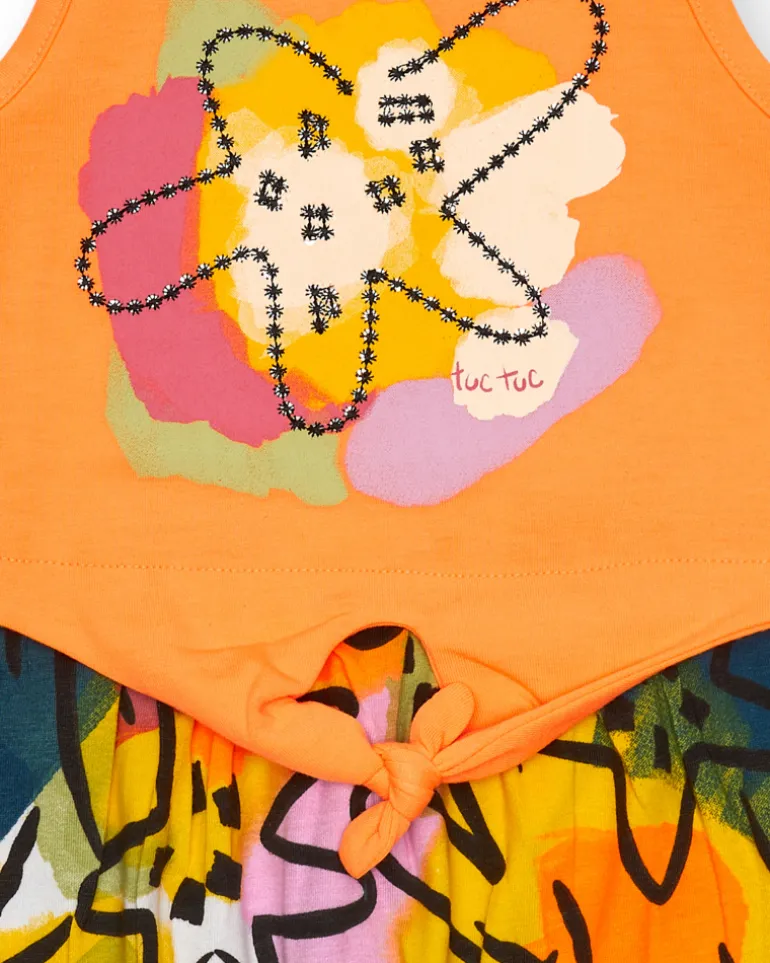 Robe sans manches pour fille avec haut orange et jupe imprimée