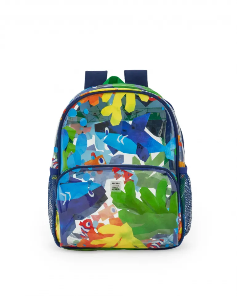 Sac à dos bleu pour garçon avec poissons et poche transparente