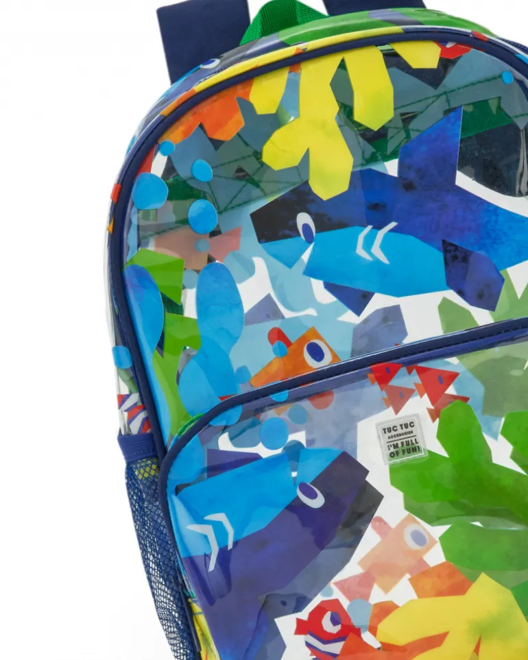 Sac à dos bleu pour garçon avec poissons et poche transparente