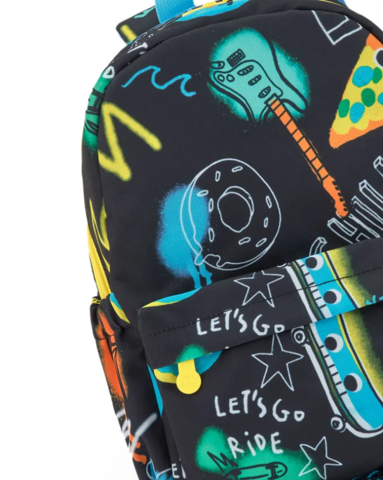 Sac à dos noir pour garçon avec imprimé de guitares, pizzas et étoiles