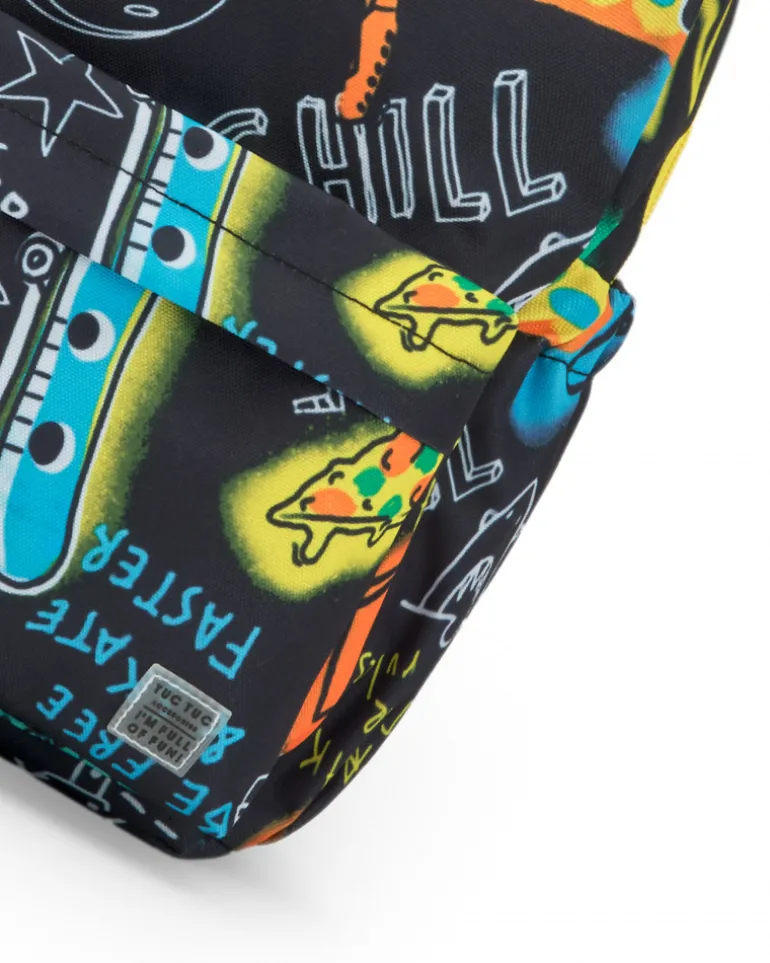 Sac à dos noir pour garçon avec imprimé de guitares, pizzas et étoiles