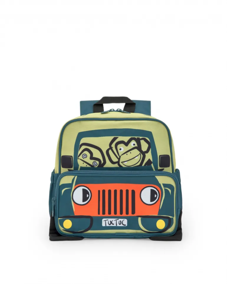 Sac à dos pour garçon avec design de voiture et singes en vert, orange et noir