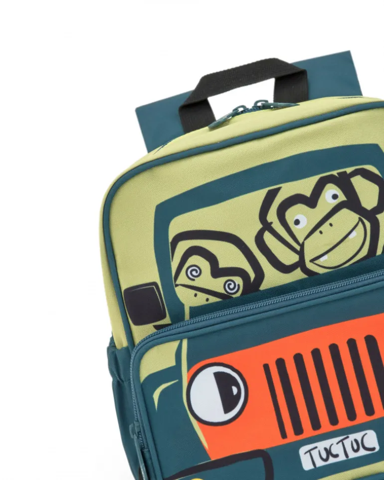 Sac à dos pour garçon avec design de voiture et singes en vert, orange et noir