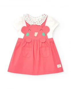 Salopette rose pour fille avec éléphant en relief et t-shirt blanc à pois
