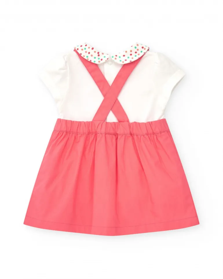 Salopette rose pour fille avec éléphant en relief et t-shirt blanc à pois