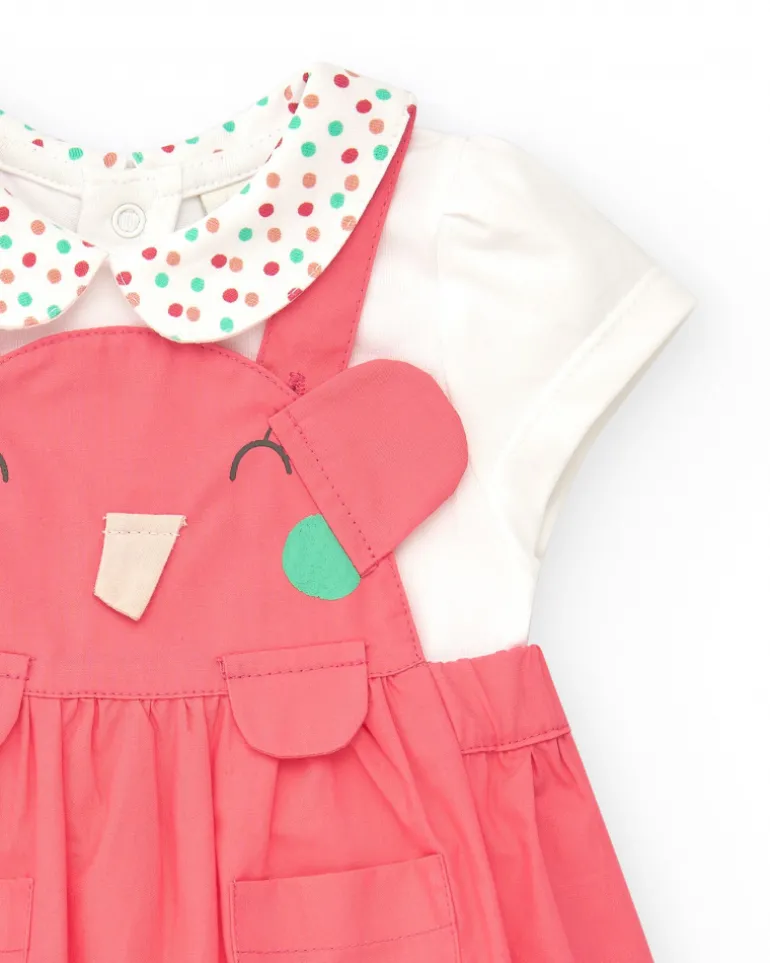 Salopette rose pour fille avec éléphant en relief et t-shirt blanc à pois