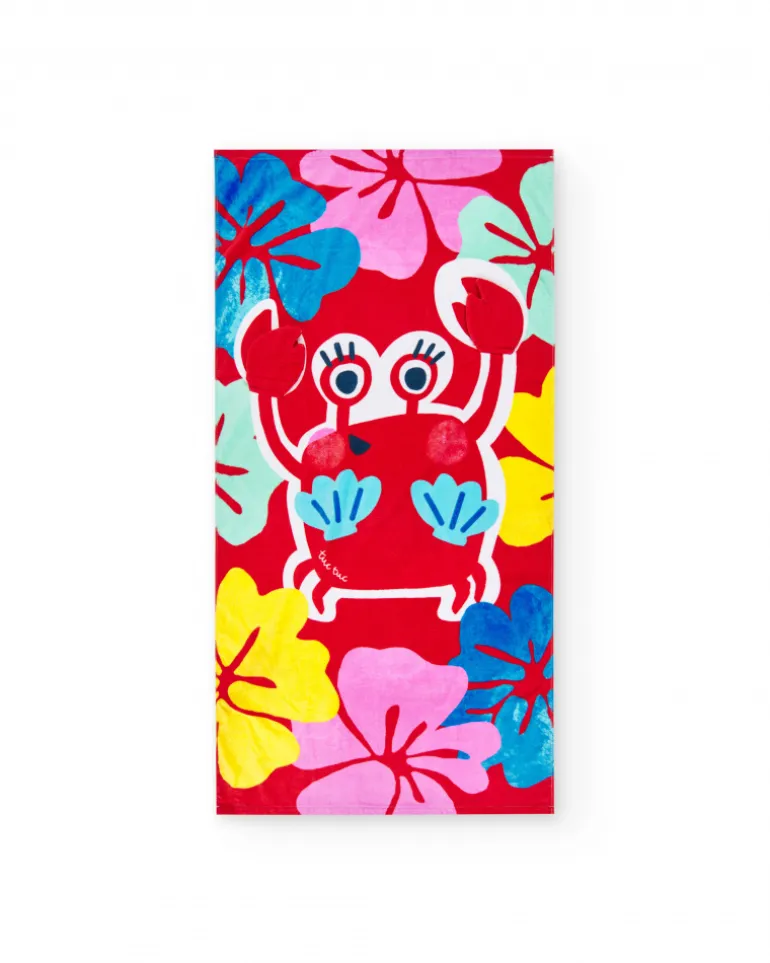 Serviette rouge pour fille avec crabe et fleurs