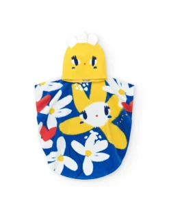 Serviette-poncho bleue pour fille avec fleurs et capuche jaune