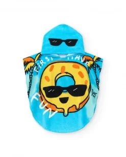 Serviette-poncho bleue pour garçon avec donut et phrase "FIRST HAVE FUN"