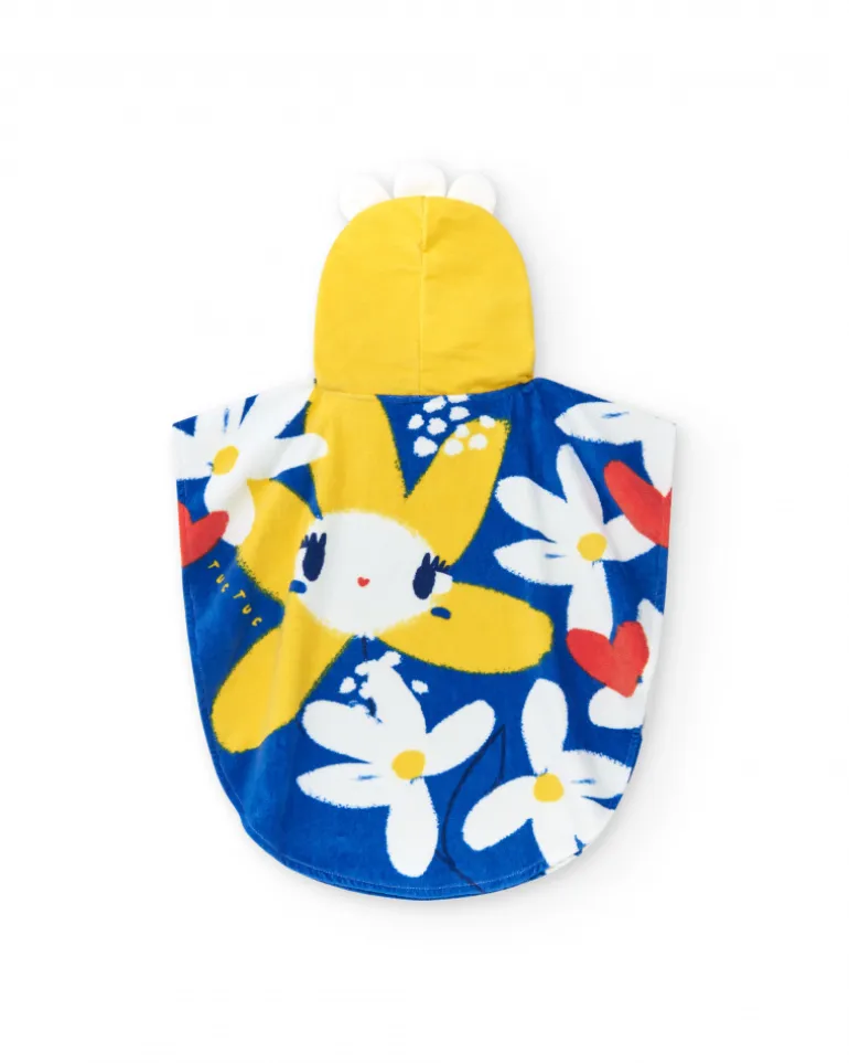 Serviette-poncho bleue pour fille avec fleurs et capuche jaune