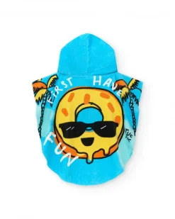 Serviette-poncho bleue pour garçon avec donut et phrase "FIRST HAVE FUN"
