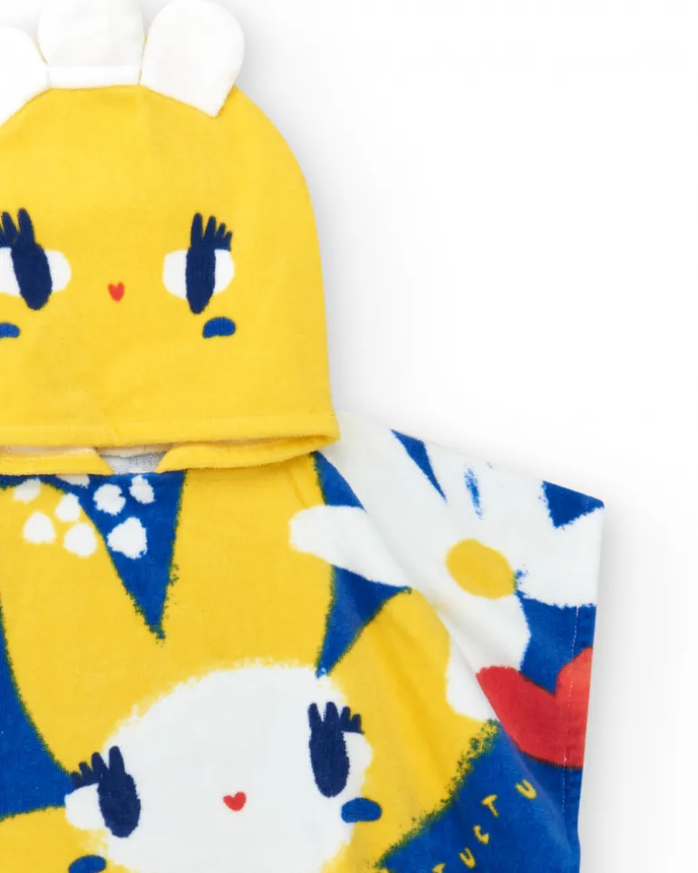 Serviette-poncho bleue pour fille avec fleurs et capuche jaune