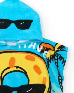 Serviette-poncho bleue pour garçon avec donut et phrase "FIRST HAVE FUN"