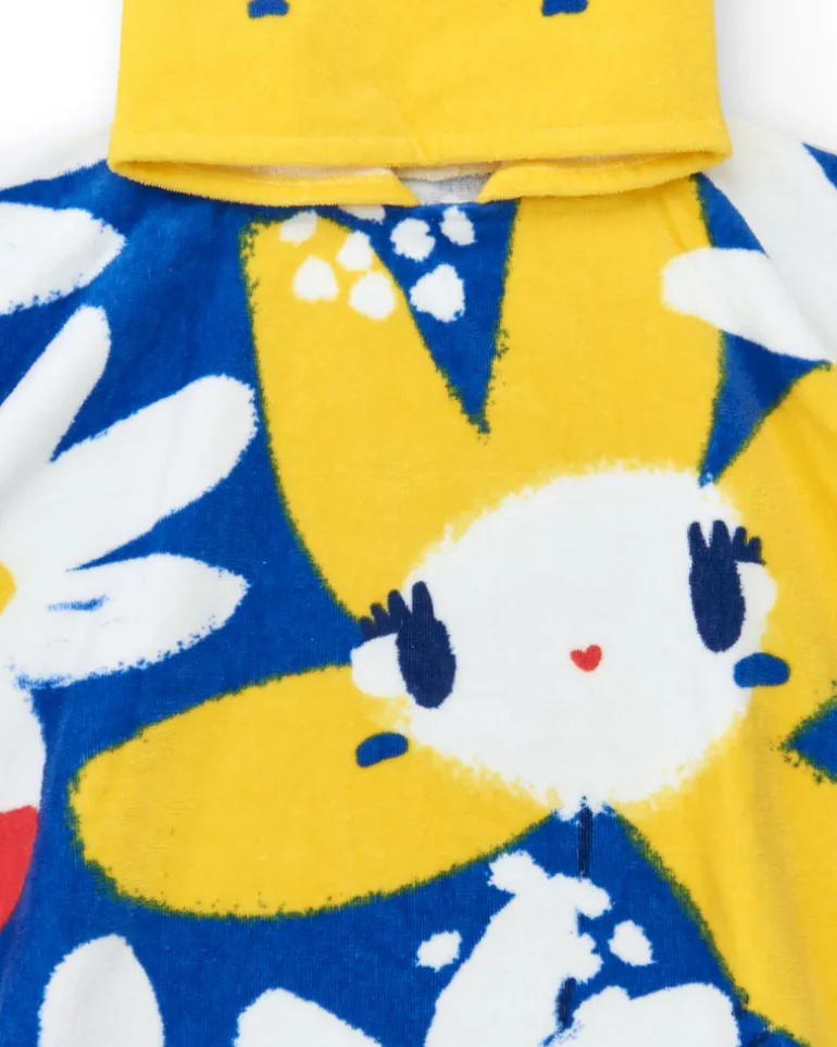 Serviette-poncho bleue pour fille avec fleurs et capuche jaune