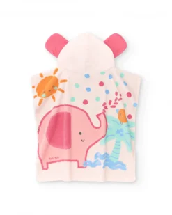 Serviette-poncho pour fille rose avec imprimé tropical et capuche avec oreilles