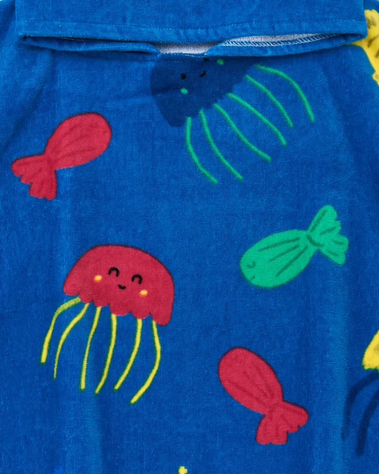 Serviette-poncho pour garçon couleur bleue avec imprimé et capuche