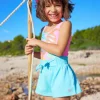 Short bleu pour fille avec taille élastique et nœud