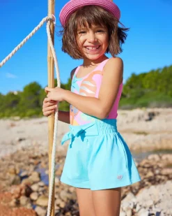 Short bleu pour fille avec taille élastique et nœud