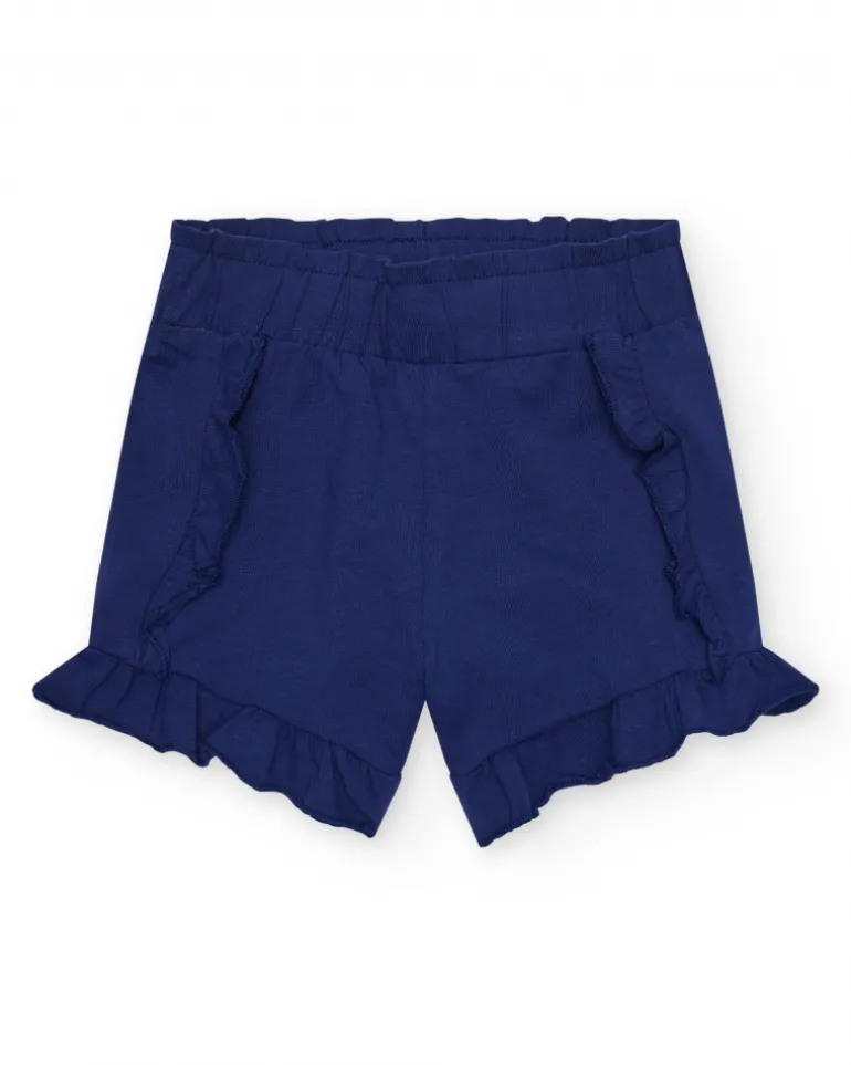 Short bleu pour fille avec volants et taille élastique