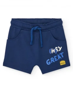 Short bleu pour garçon avec phrase "HEY GREAT"