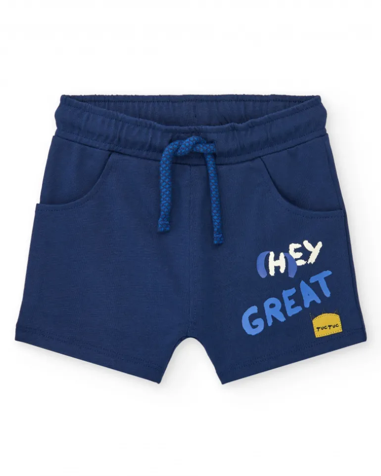 Short bleu pour garçon avec phrase "HEY GREAT"