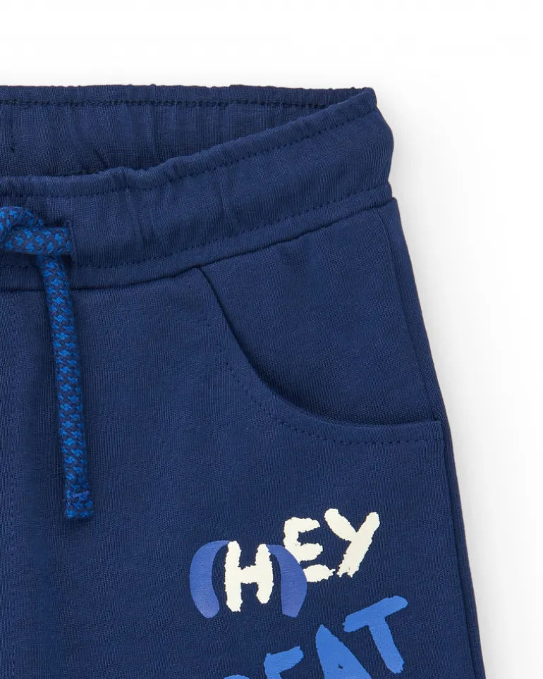Short bleu pour garçon avec phrase "HEY GREAT"