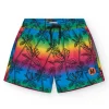 Short de bain multicolore pour garçon avec imprimé palmiers et taille ajustable.
