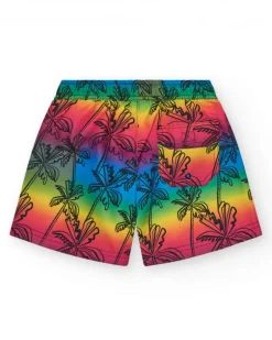 Short de bain multicolore pour garçon avec imprimé palmiers et taille ajustable.
