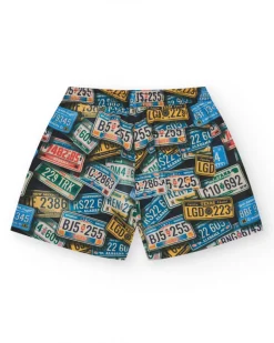 Short de bain multicolore pour garçon avec imprimé plaques d'immatriculation et taille ajustable.