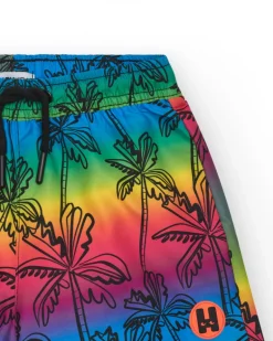 Short de bain multicolore pour garçon avec imprimé palmiers et taille ajustable.
