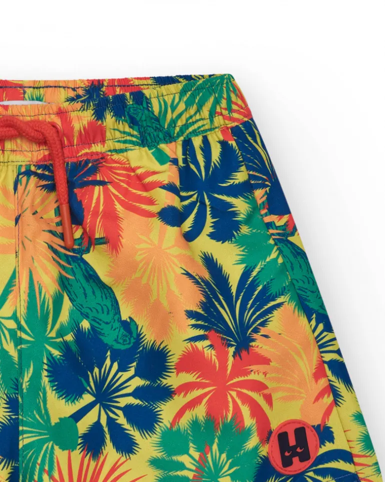 Short de bain multicolore pour garçon avec imprimé tropical et taille élastique.