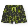 Short de bain noir pour garçon avec imprimé émojis et cordon fluo.