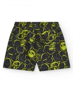 Short de bain noir pour garçon avec imprimé émojis et cordon fluo.